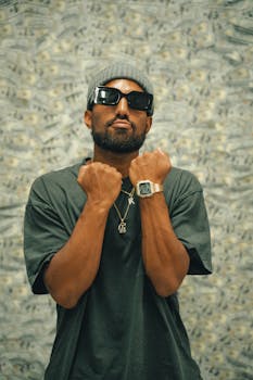 Stylish man in sunglasses and jewelry poses confidently, showcasing modern urban fashion.