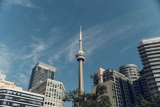 Capture of Toronto skyline with the iconic CN Tower on a clear day.