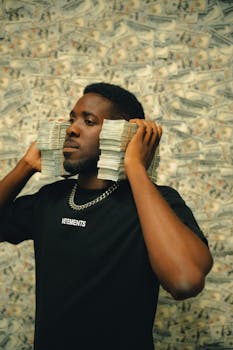 Man with stacks of cash posing in front of a wall covered in US dollars.