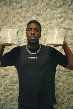 African American man holding stacks of money with a cash background.