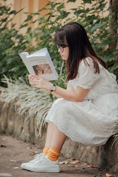 一位穿着连衣裙的亚洲妇女在户外读书，享受着夏日时光