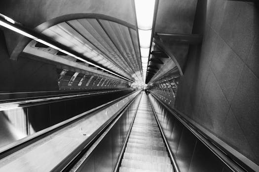 这幅现代地铁自动扶梯的黑白图像，以戏剧性的效果凸显了城市建筑