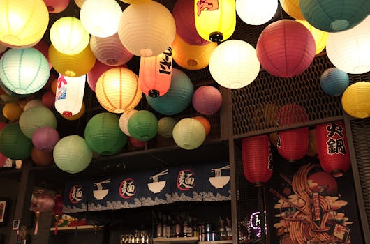 Colorful paper lanterns hanging in a Kyiv restaurant create a vibrant Asian ambiance.
