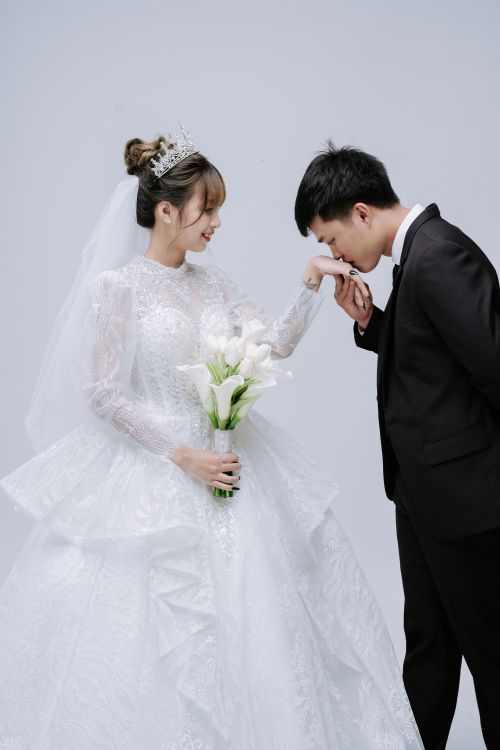 Free A romantic wedding portrait of a bride and groom with a white background. Stock Photo
