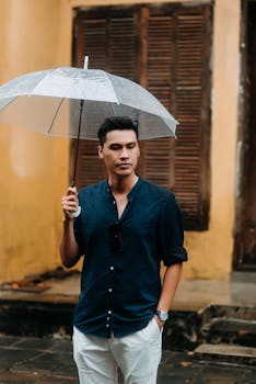 Asian man standing with umbrella in rain, wearing smart casual attire. Urban street background.