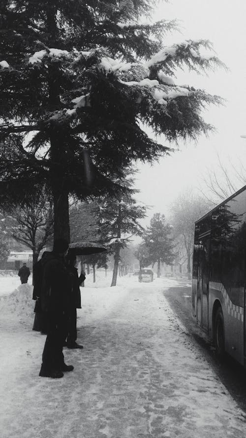 Grayscale Photo of Man in Black Coat Standing on Road