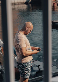 Bald man in casual wear using smartphone by a boat at marina. Scenic water view in the background.