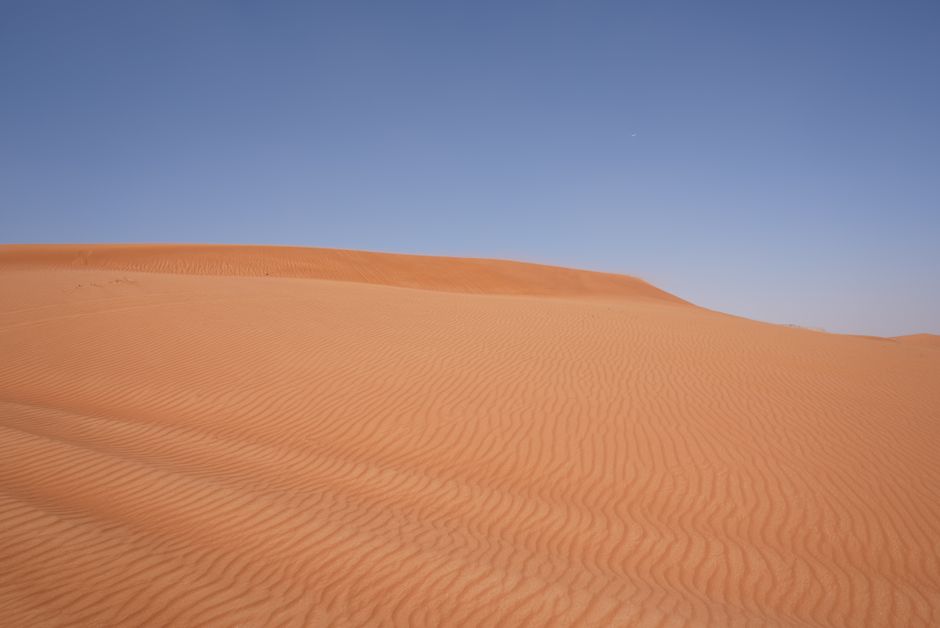 Expansive desert sand dunes under a clear blue sky, showcasing nature's beauty.