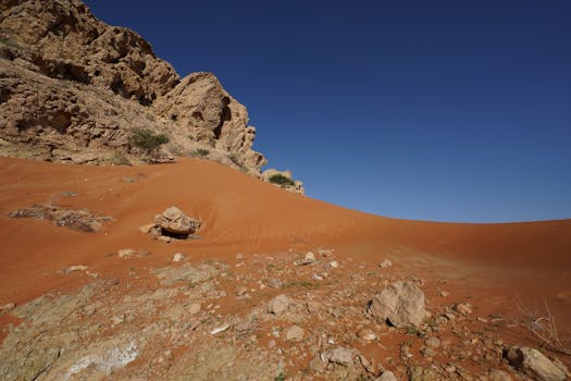 A vibrant desert scene featuring red sand dunes under a clear blue sky.