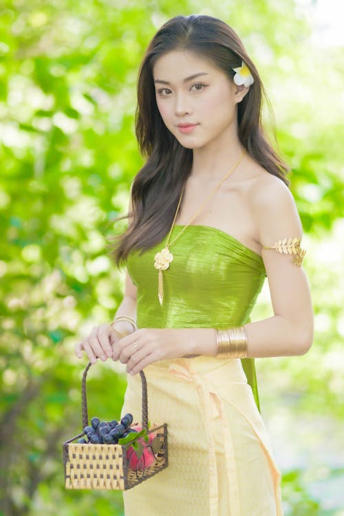 A Beautiful Woman Holding a Basket of Fruits