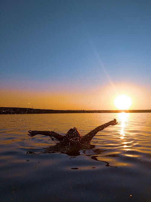 Free Silhouette of Woman Swimming on the Beach Stock Photo