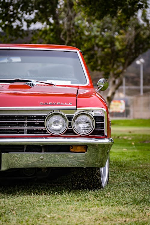 A Vintage Red Car Parked on Grass