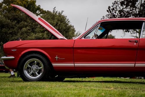 Free Side view of a vintage red Ford Mustang with hood open at an outdoor car show. Stock Photo