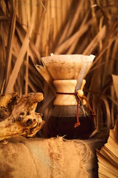 Warm-toned still life of a Chemex coffeemaker in a rustic setting, evoking a cozy autumn feel.