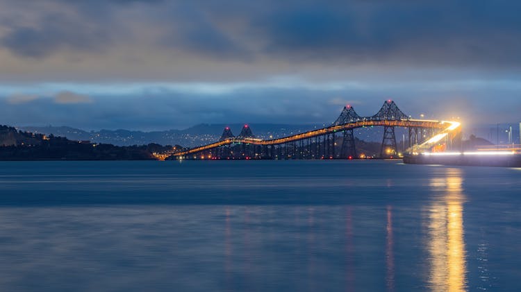 Illuminated Richmond–San Rafael Bridge, San Francisco Bay In California, USA