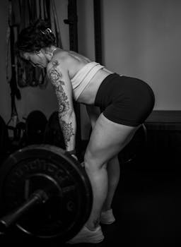 A tattooed woman performing deadlifts with a barbell in a gym, emphasizing strength and fitness.