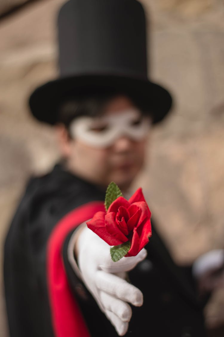 Person In Mask Holding Red Rose