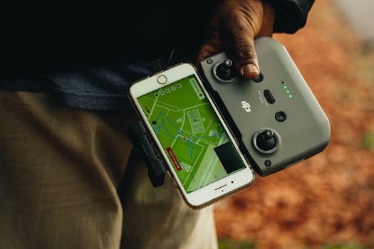 Close-up of a person holding a DJI drone controller connected to a smartphone displaying a map.
