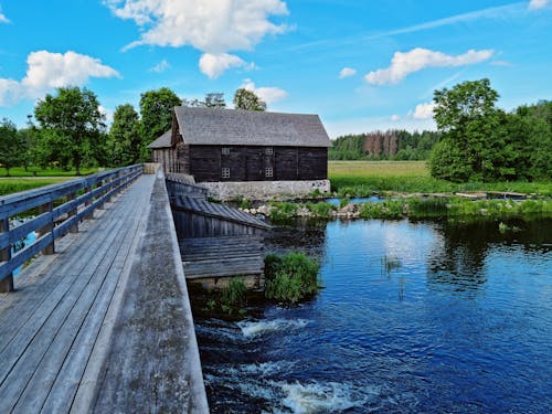 Kostnadsfri bild av äng, flod, gångbro