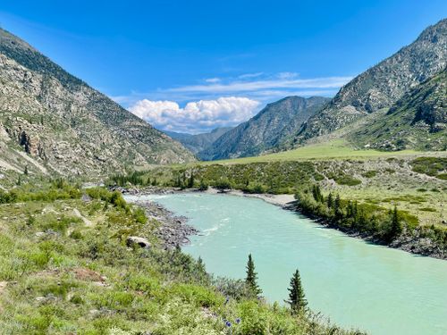 Free Captivating mountain river scene surrounded by lush greenery and a clear blue sky. Stock Photo