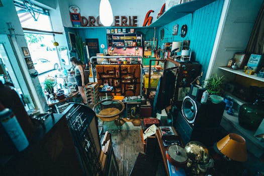 A unique vintage store interior showcasing a variety of items with a woman browsing.