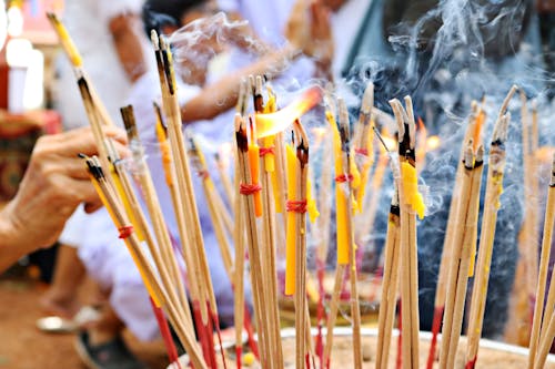 Close-up Photo of Lighted Incense Sticks