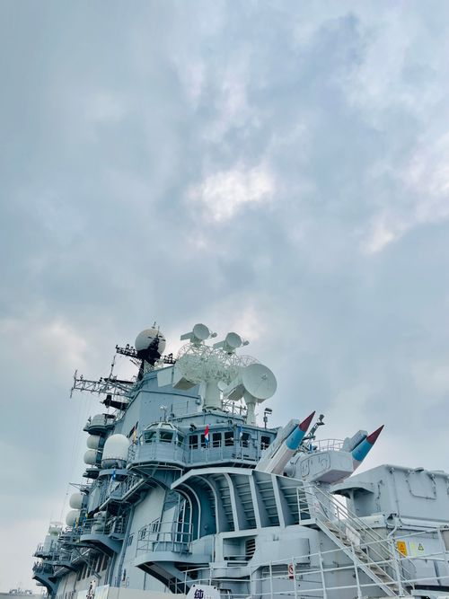 Free Close-up of a military battleship showing radar equipment against a cloudy sky in Tianjin, China. Stock Photo