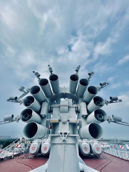 Free Close-up of a military cannon array against a blue sky on a naval ship in Tianjin, China. Stock Photo