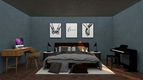 Free A stylish bedroom featuring a comfortable bed, elegant desk, digital piano, and artistic wall decor for a cozy home interior. Stock Photo
