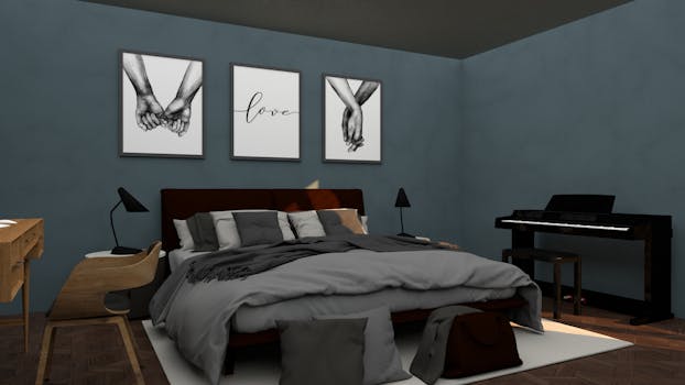 Stylish bedroom featuring a bed, piano, and artistic prints on the wall, creating a modern, cozy ambiance.