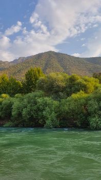 A serene view of a green river surrounded by lush foliage and mountain under a blue sky.