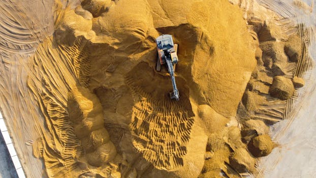 Drone shot of a construction site with an excavator on a large sand mound in Ashdod, Israel.