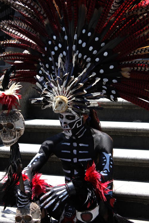 Man with Black Body Paint Wearing Black and White Headdress