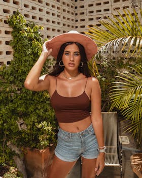 Stylish woman in Mérida, Yuc., Mexico, modeling a summer outfit outdoors.