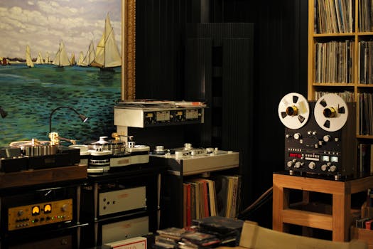 Cozy room with vintage audio equipment and maritime painting, ideal for music enthusiasts.