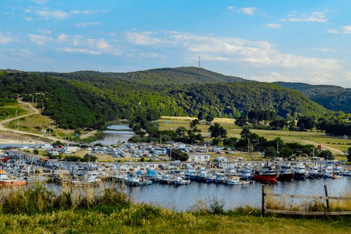 Boats and Ships in a Harbor Surrounded by Hills
