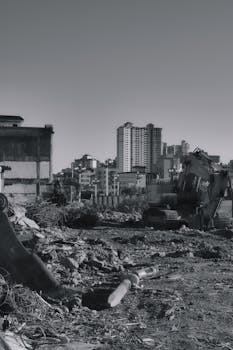 Black and white photo of a construction site with tall buildings in the background.