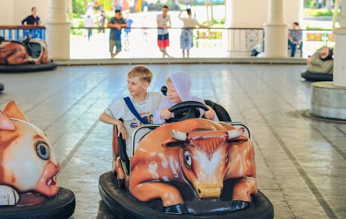 オレンジと黒のバンパーカーに乗る2人の少年