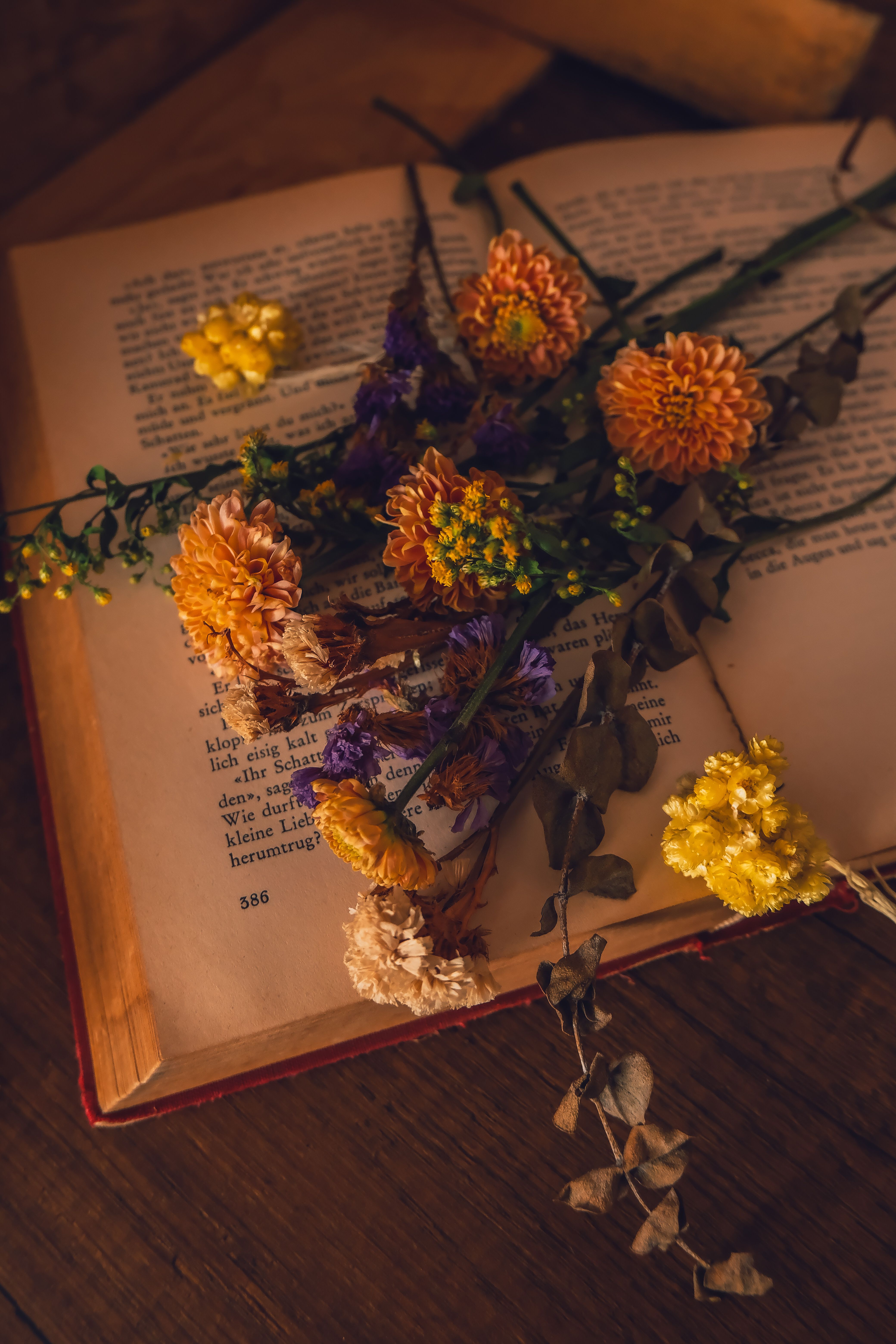 Romantic dried flowers beautifully arranged on an open vintage book with warm tones.