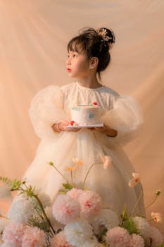 Young girl in a white dress holding a birthday cake amidst flowers.