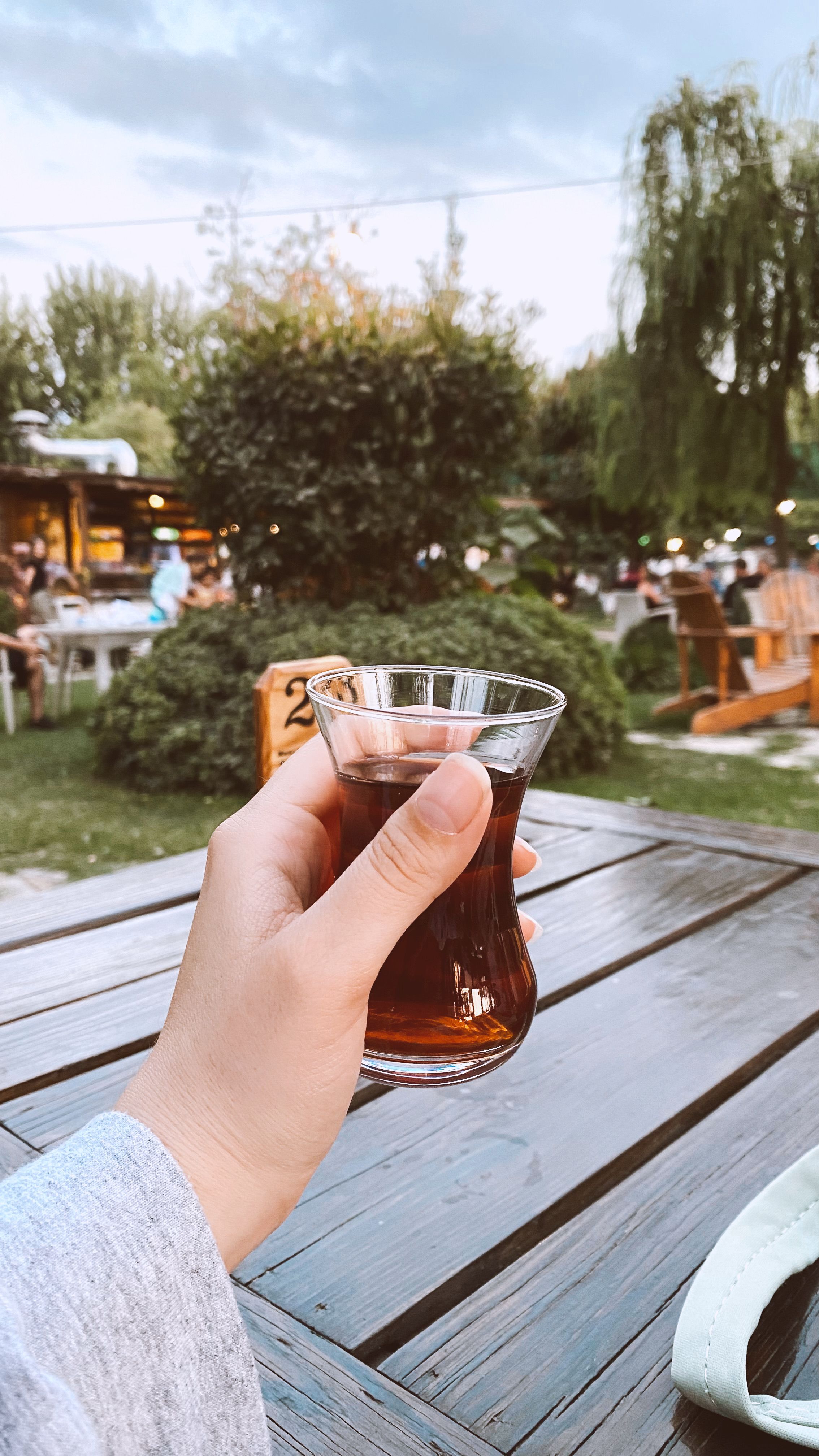 Hand holding glass of tea in an outdoor garden setting during daytime.
