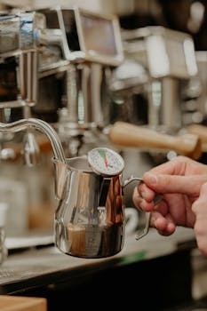 Barista's hand holding a milk jug with thermometer at a coffee bar in Baku, Azerbaijan.