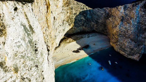 A stunning aerial shot of Navagio Beach, featuring the famous shipwreck and clear blue waters.