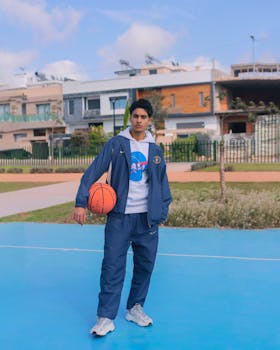 Young man in sporty attire holding a basketball on a Casablanca urban court.