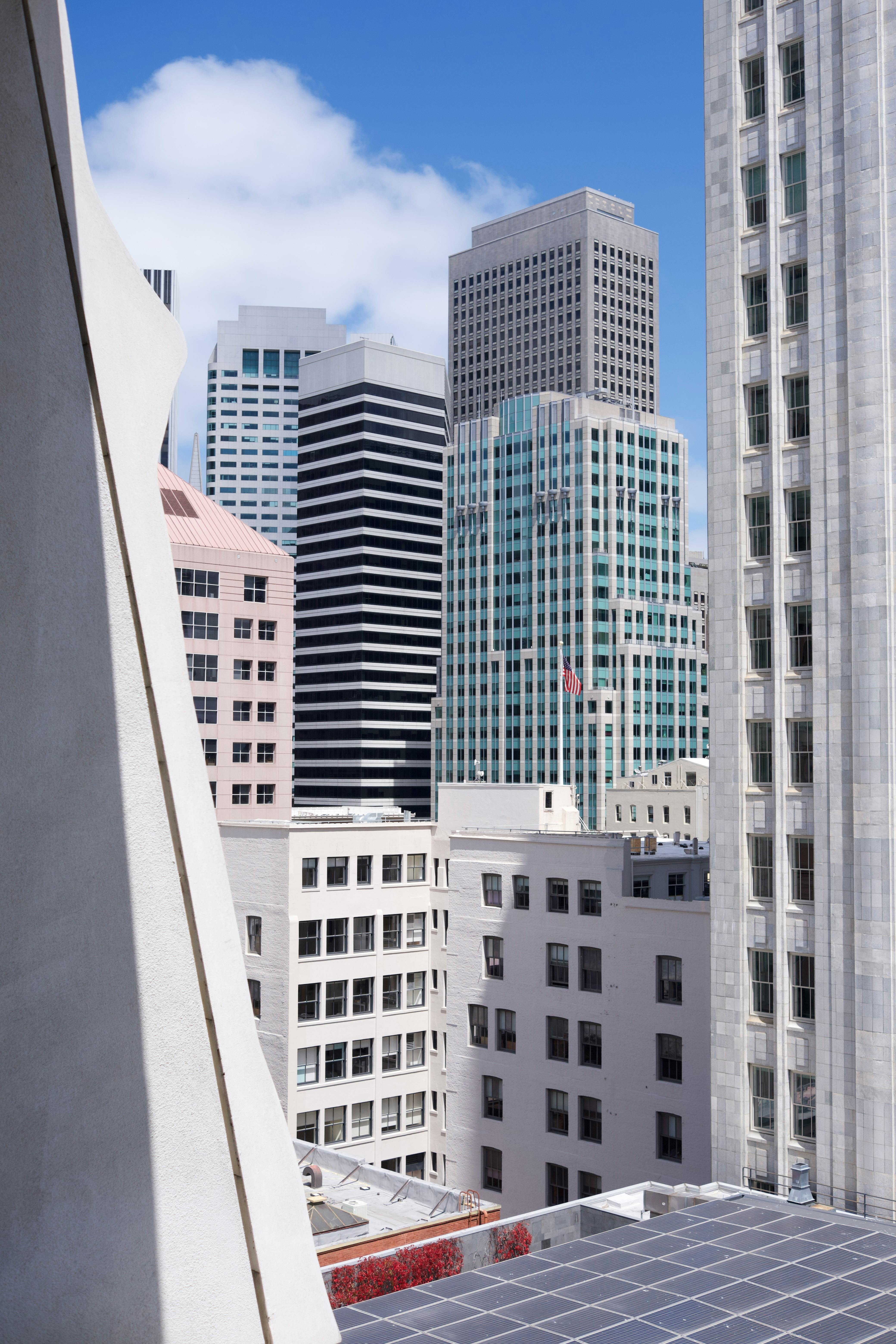 A vertical view of San Francisco's iconic skyline featuring modern skyscrapers under a clear blue sky.