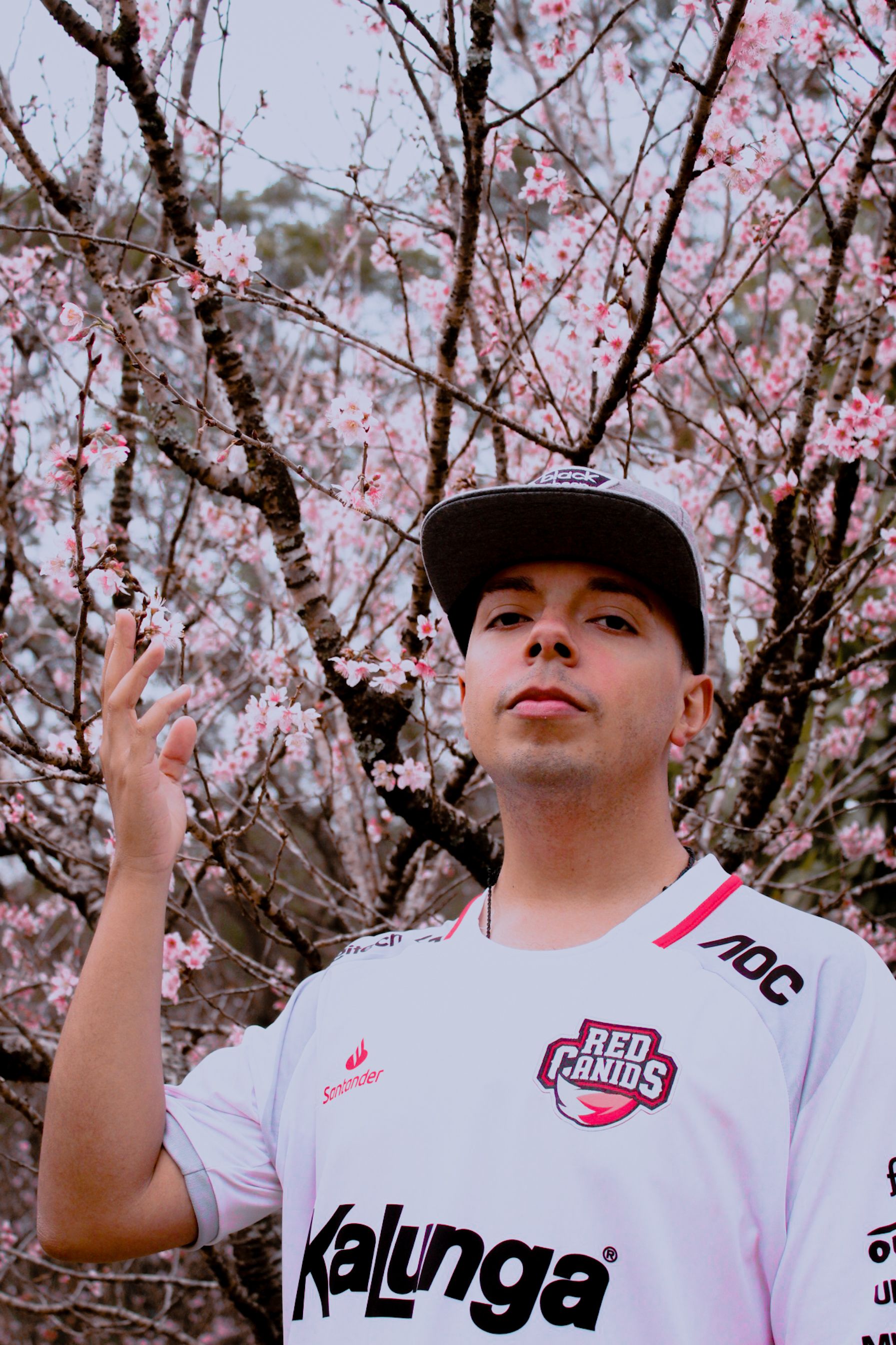 Portrait of a young man in a cap and sports jersey, surrounded by blossoming pink trees.
