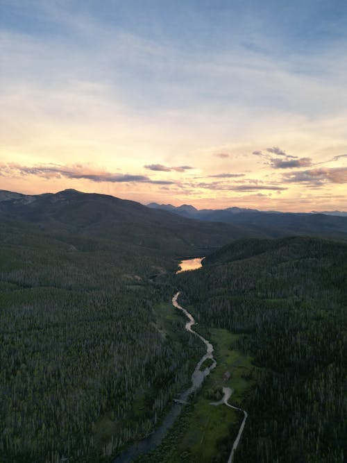Aerial View of a River Between Forest During Sunset
