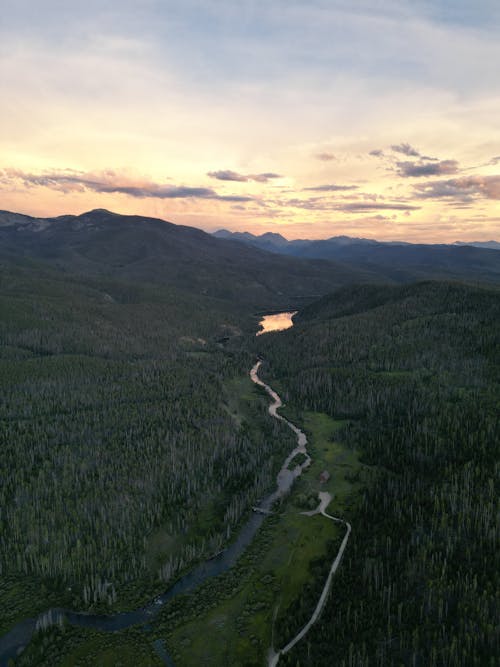 Aerial View of Landscape During Sunset