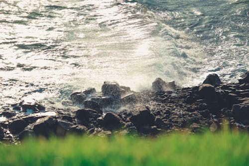 Ocean Waves Crashing on Rocky Shore