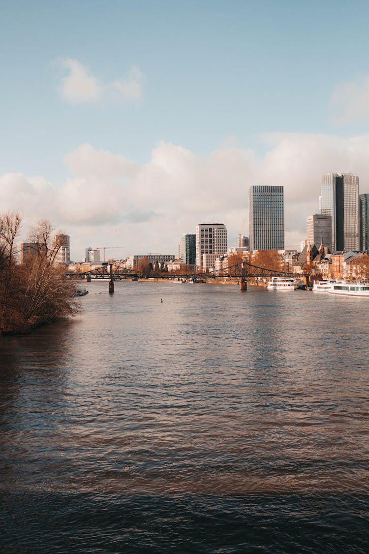 Photo Of A Bridge And City Buildings By The Main River, Frankfurt, Germany